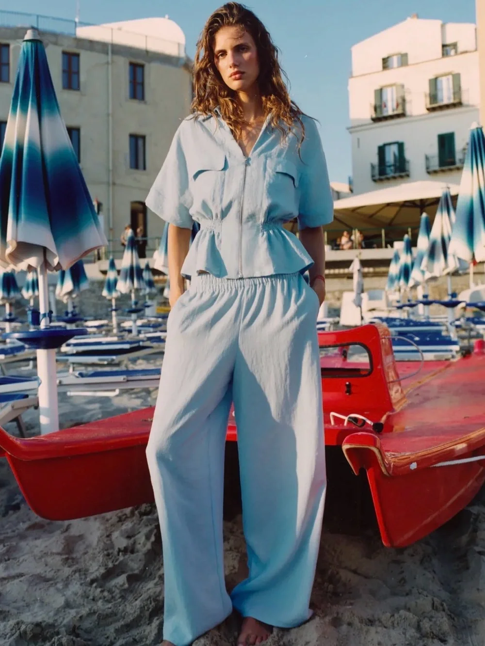 Light Blue Wide-Leg Linen-Blend Pants